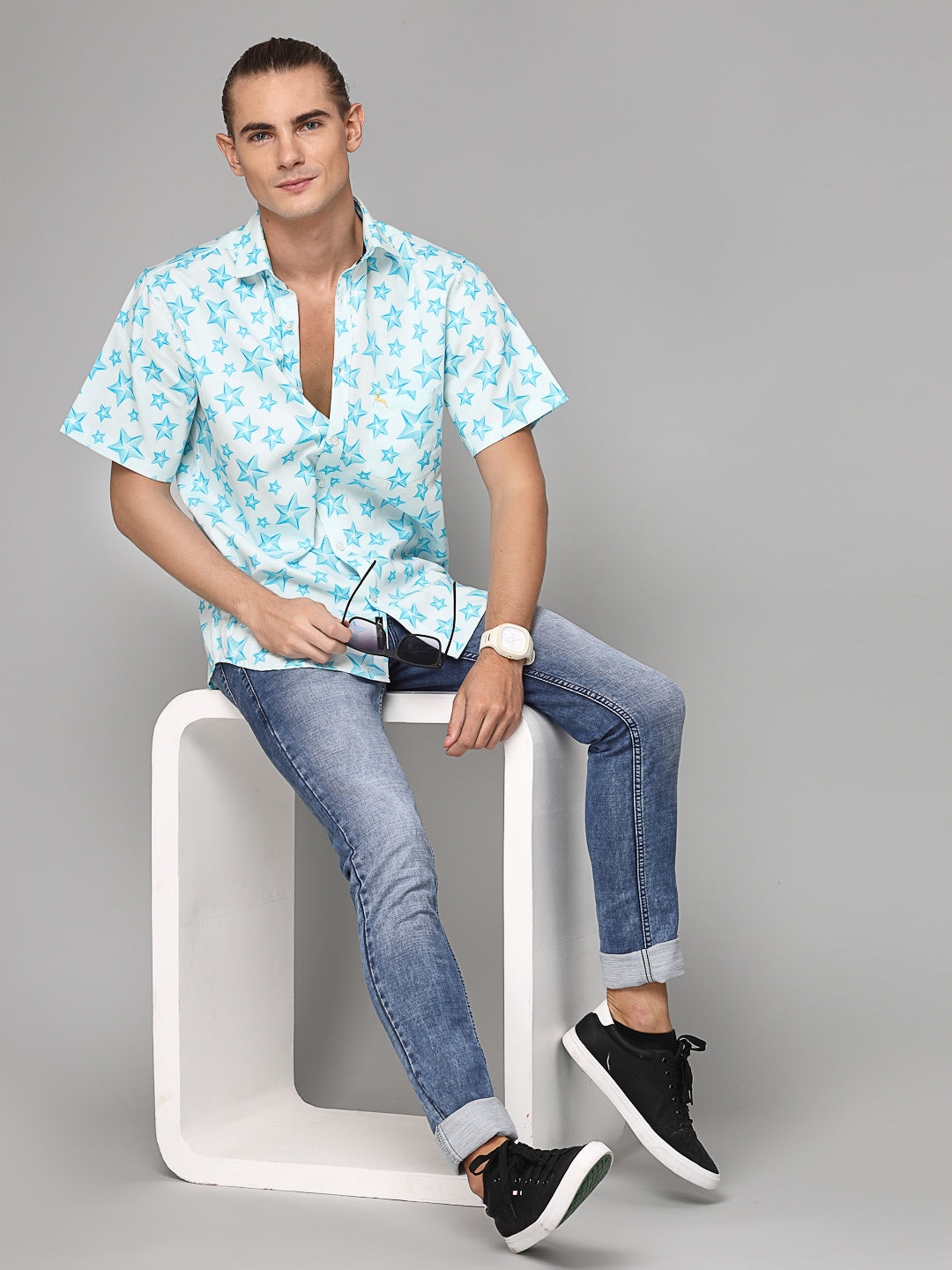 Valbone Men Star Printed Giza Cotton Casual half sleeves Shirt