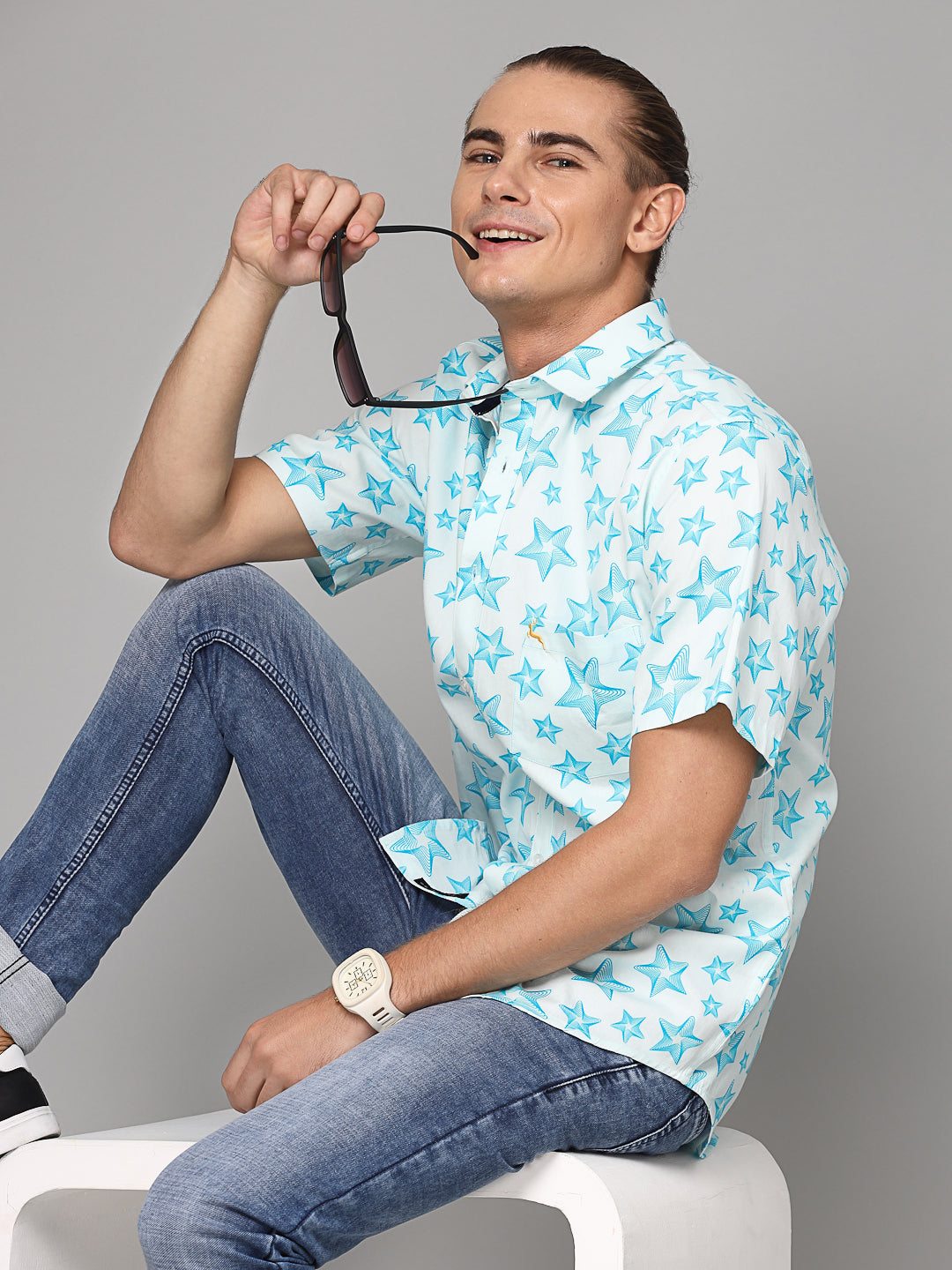 Valbone Men Star Printed Giza Cotton Casual half sleeves Shirt