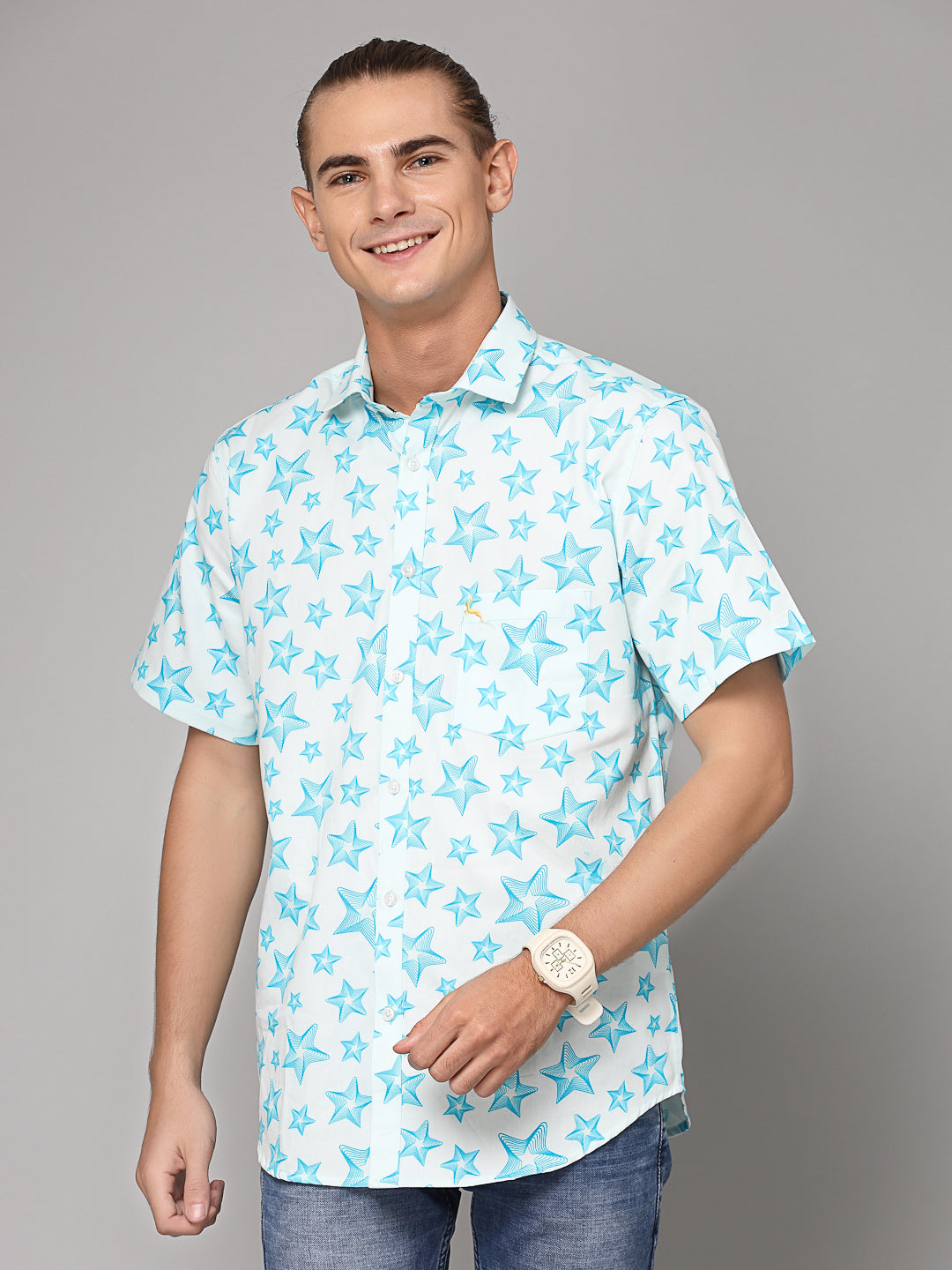 Valbone Men Star Printed Giza Cotton Casual half sleeves Shirt