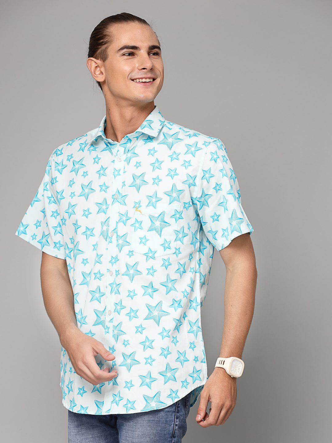 Valbone Men Star Printed Giza Cotton Casual half sleeves Shirt