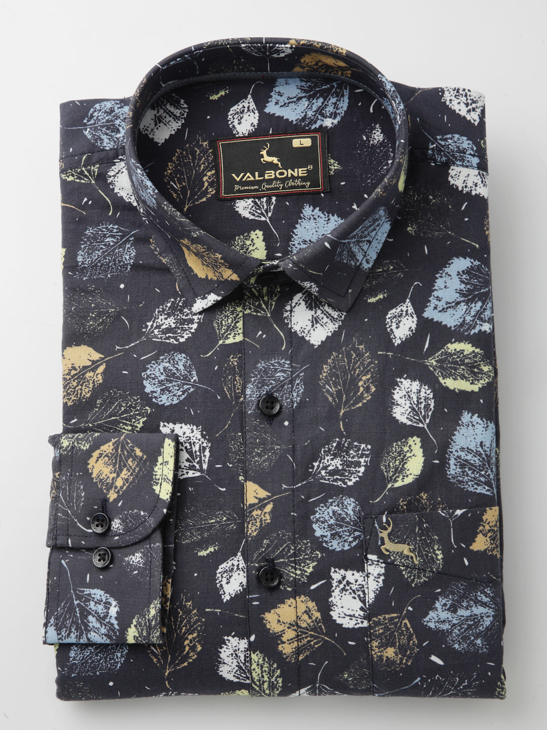 Valbone Men’s Digital Print Leaf Printed Regular Fit Casual Shirt Full Sleeves Black