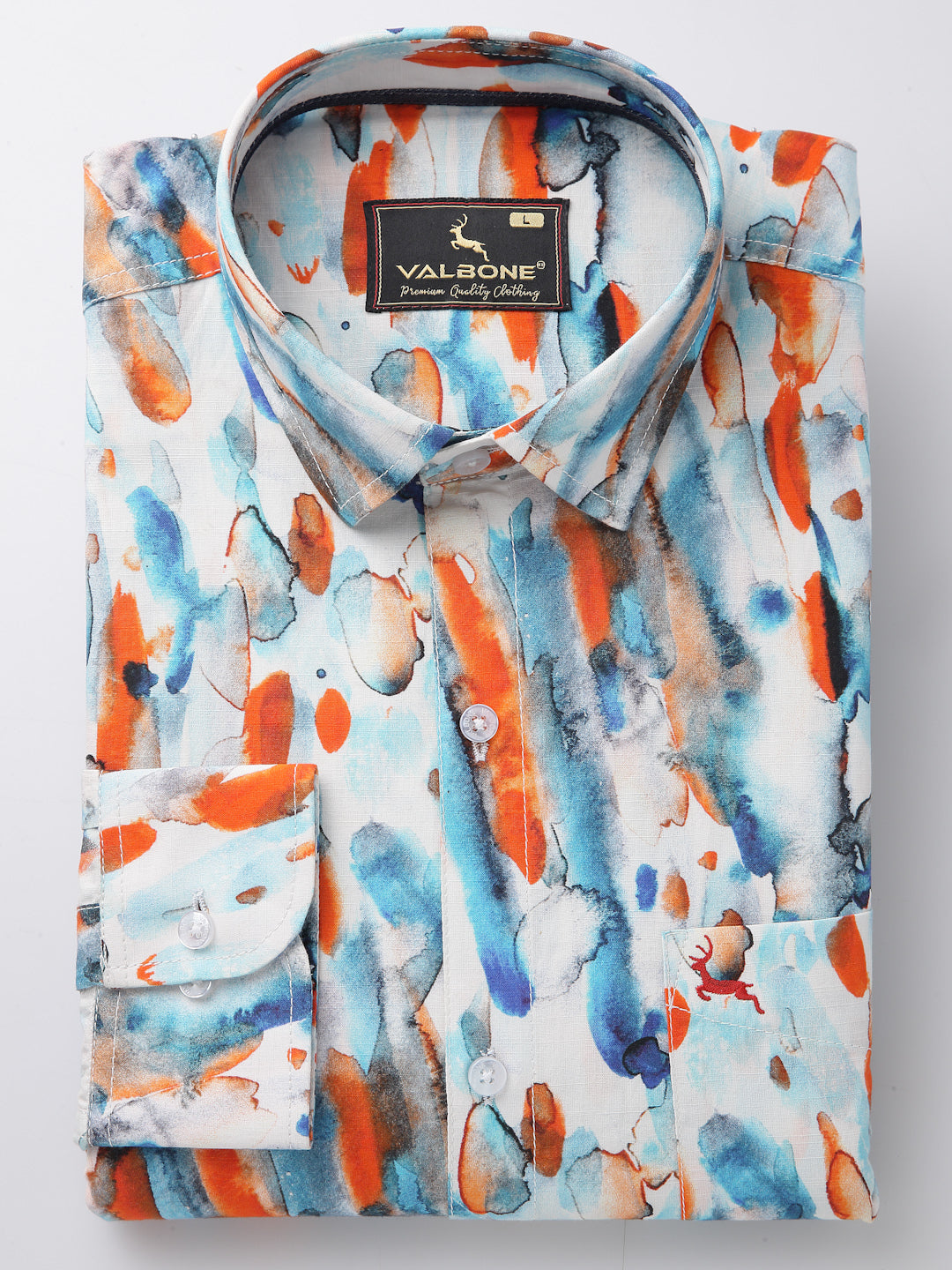 Valbone Men’s Digital Print Orange & Blue Regular Fit Casual Shirt Full Sleeves