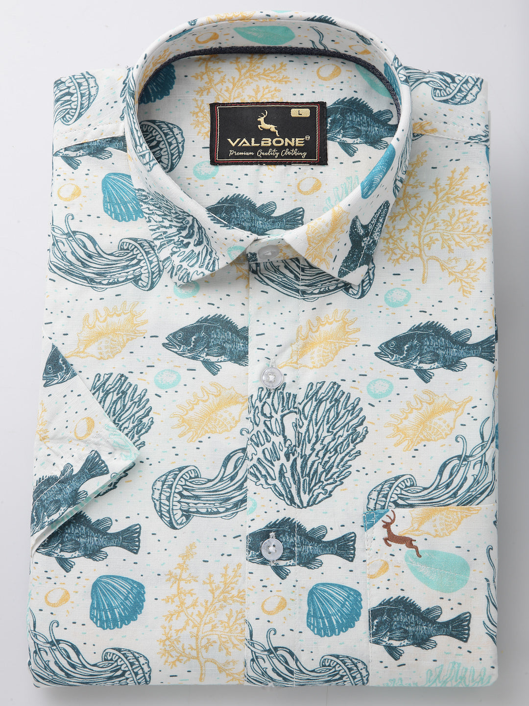 Valbone Men’s Light Blue Digital Sea Animals Printed Regular Fit Casual Shirt Half Sleeves