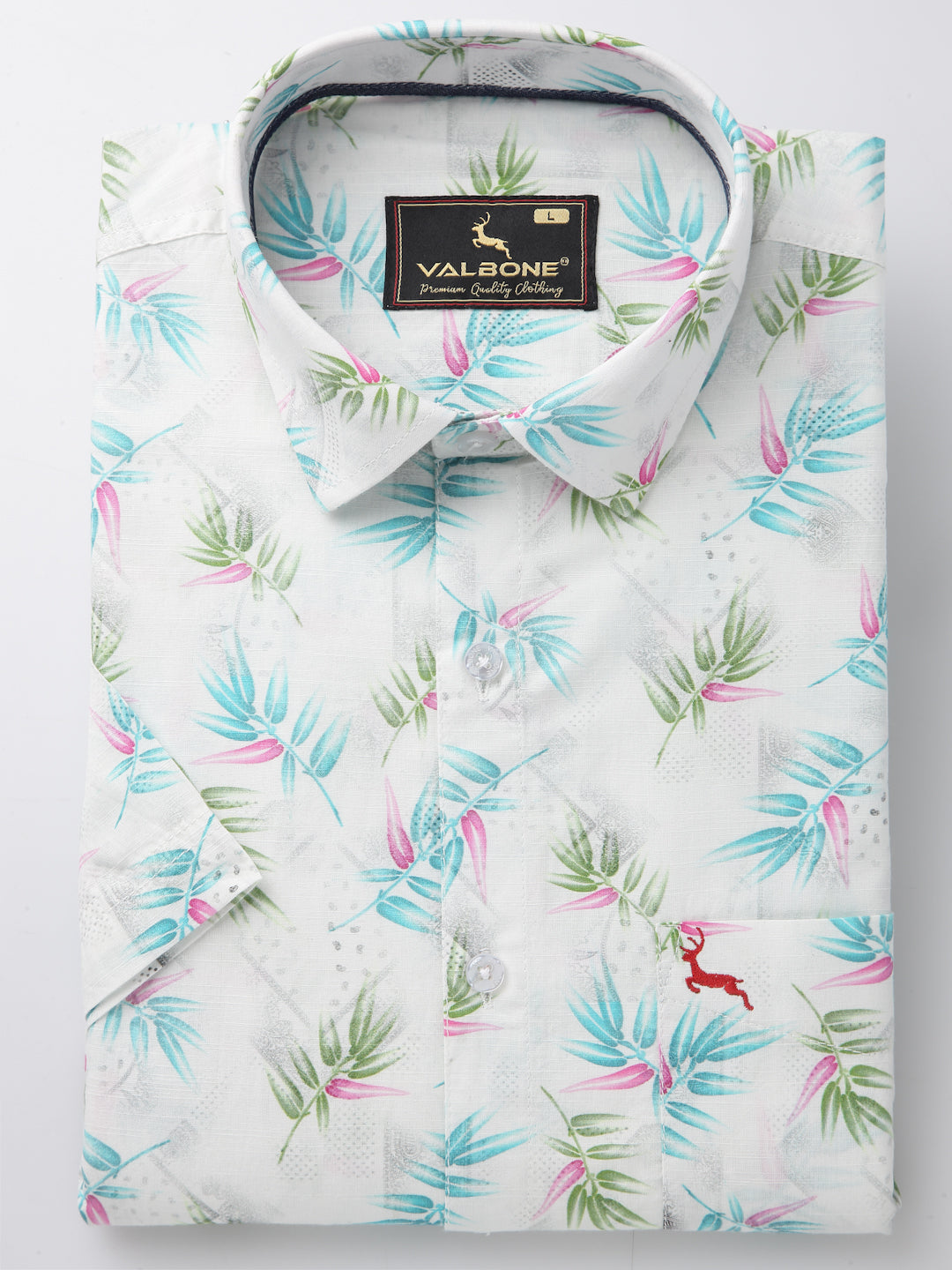 Valbone Men’s White & Blue Digital Leaves Printed Regular Fit Casual Shirt Half Sleeves
