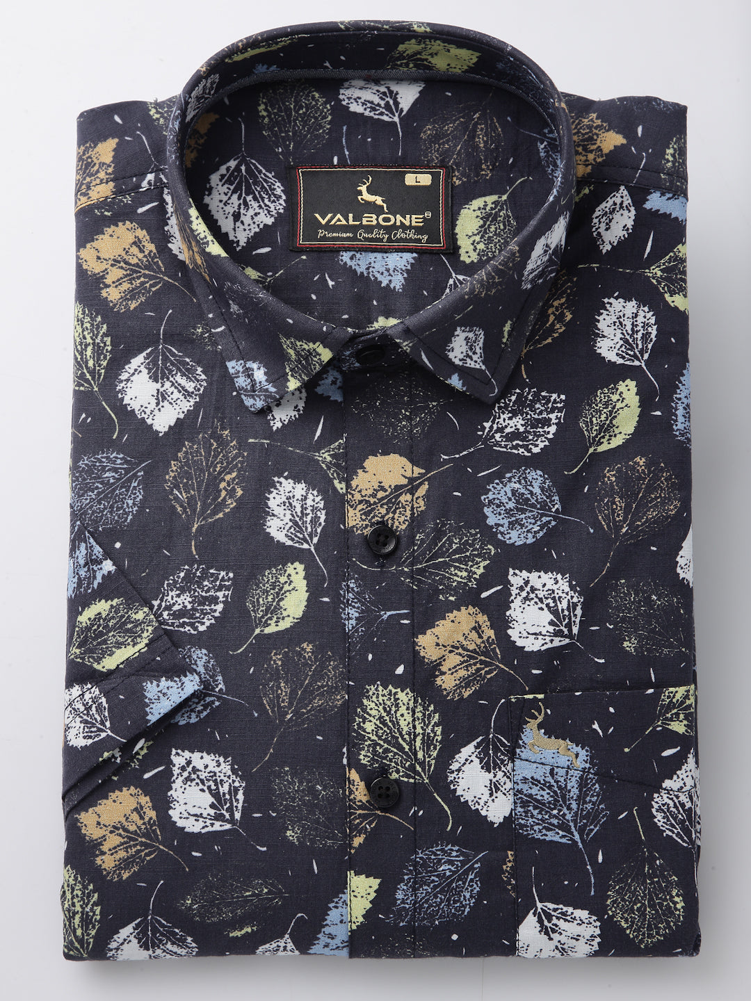 Valbone Men’s Black Digital Leaves Printed Regular Fit Casual Shirt Half Sleeves