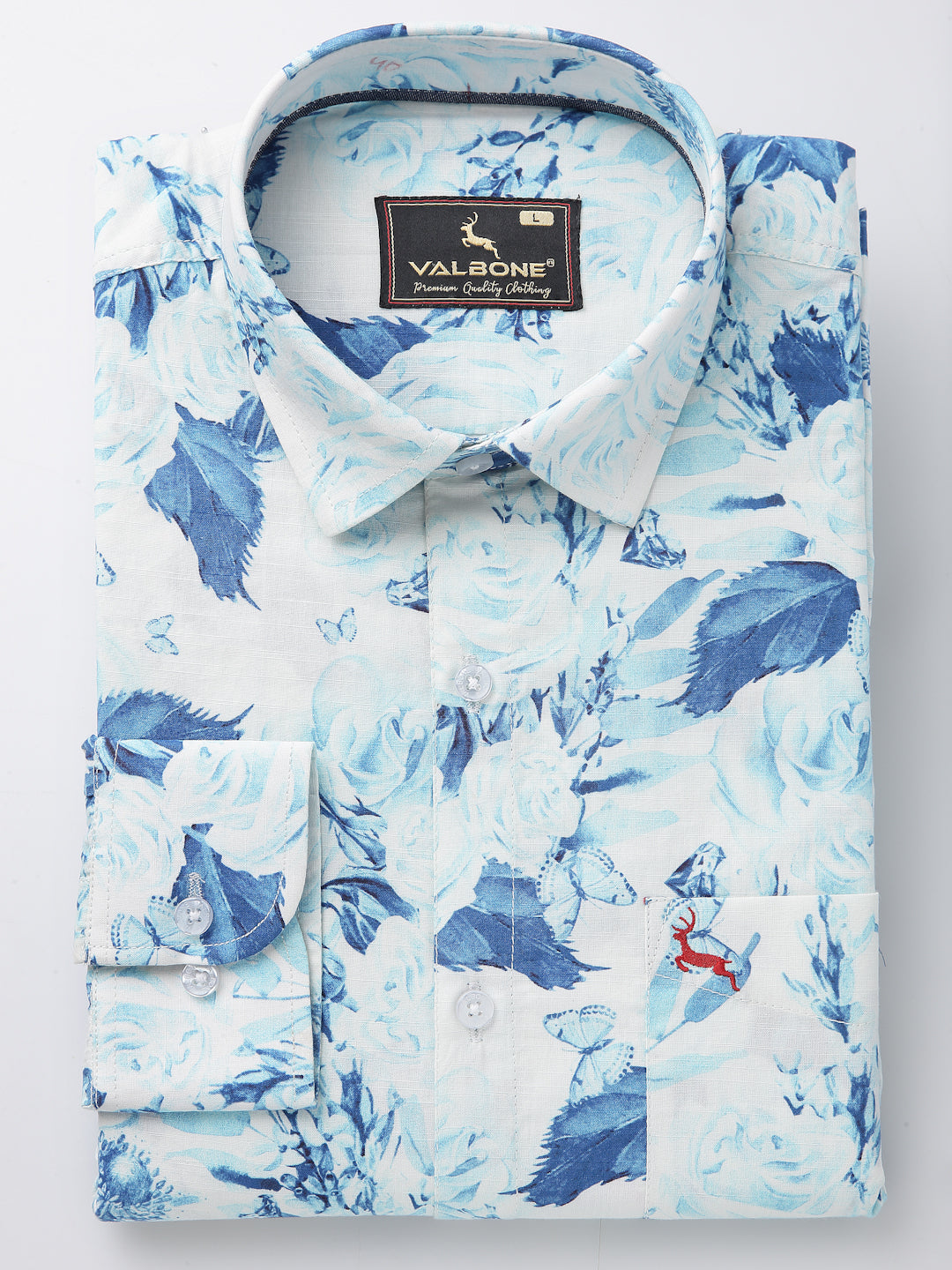 Valbone Men’s Digital Print Blue Leafs Printed Regular Fit Casual Shirt Full Sleeves