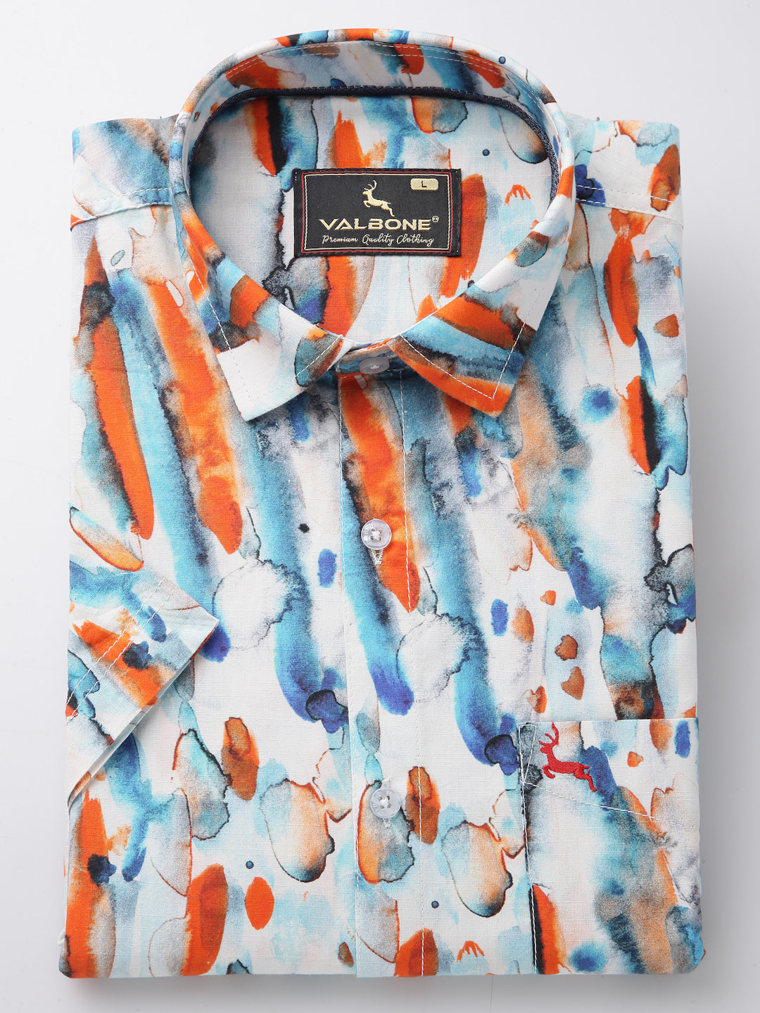 Valbone Men’s Digital Print Orange & Blue Regular Fit Casual Shirt Half Sleeves