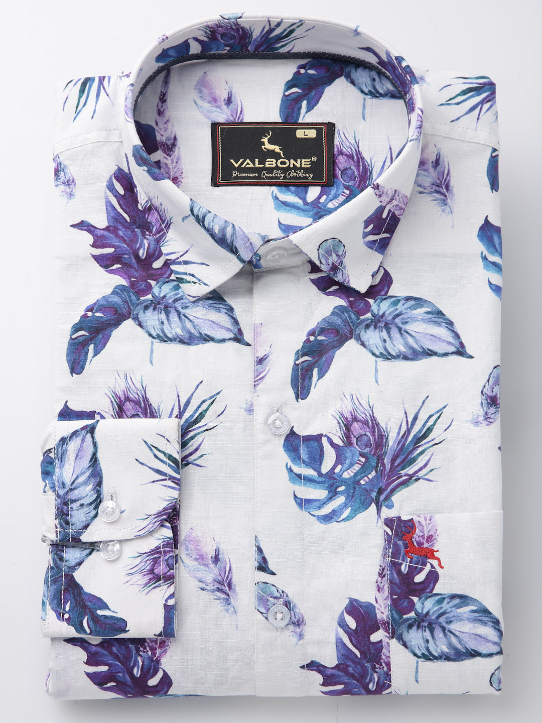 Valbone Men’s Digital Print White & Blue Leaf Printed Regular Fit Casual Shirt Full Sleeves