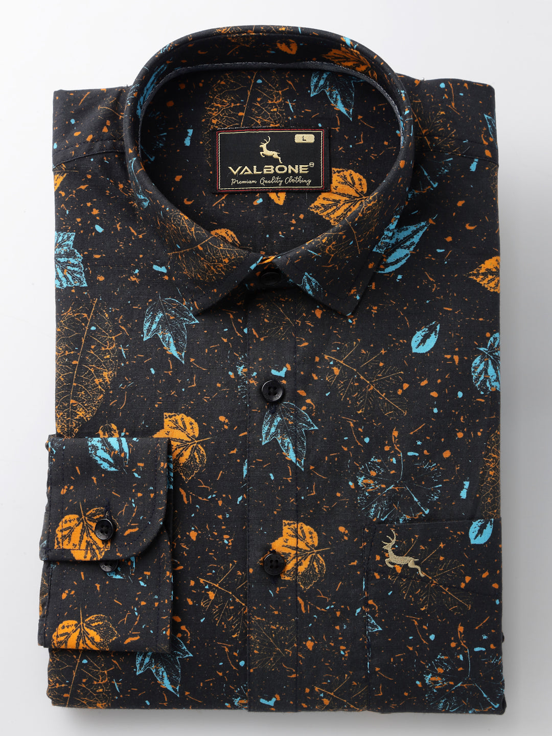 Valbone Men’s Digital Print Blue & Brown Leaf Printed Regular Fit Casual Shirt Full Sleeves