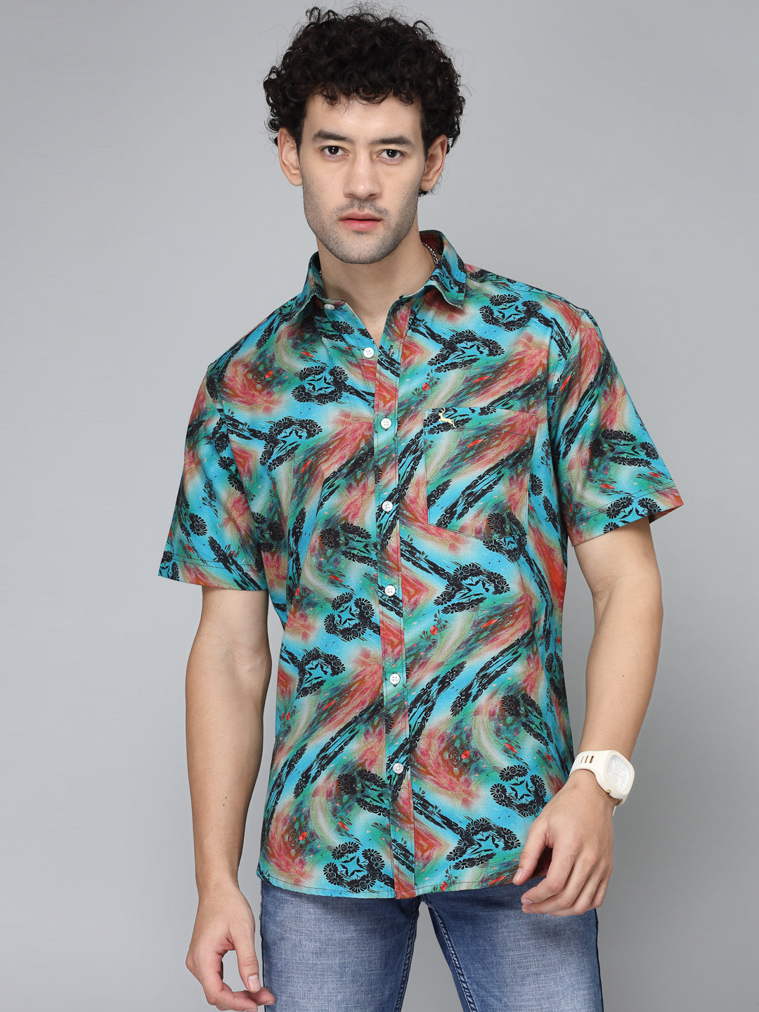 Valbone Men's Geometrical Printed Giza Cotton Casual Shirt