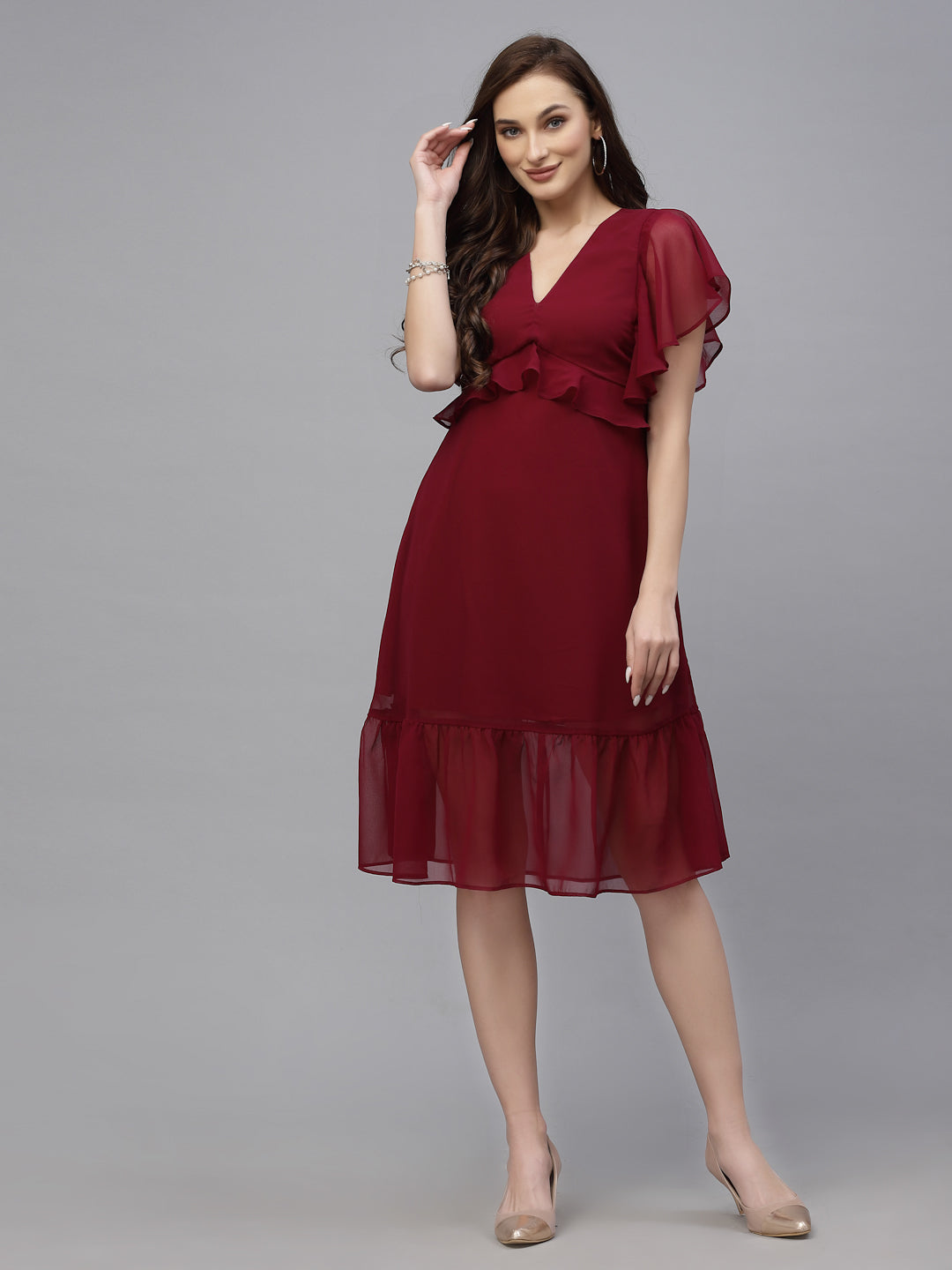 Valbone Women’s Red Georgette Solid Print Dress