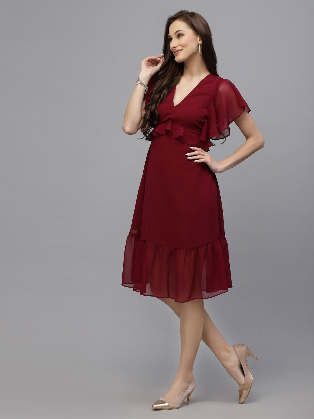 Valbone Women’s Red Georgette Solid Print Dress