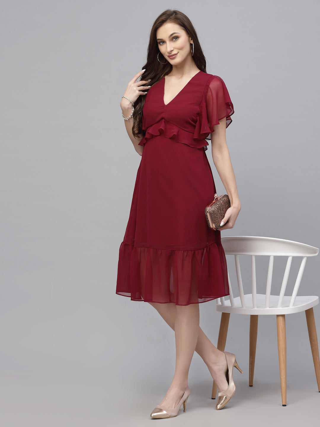 Valbone Women’s Red Georgette Solid Print Dress