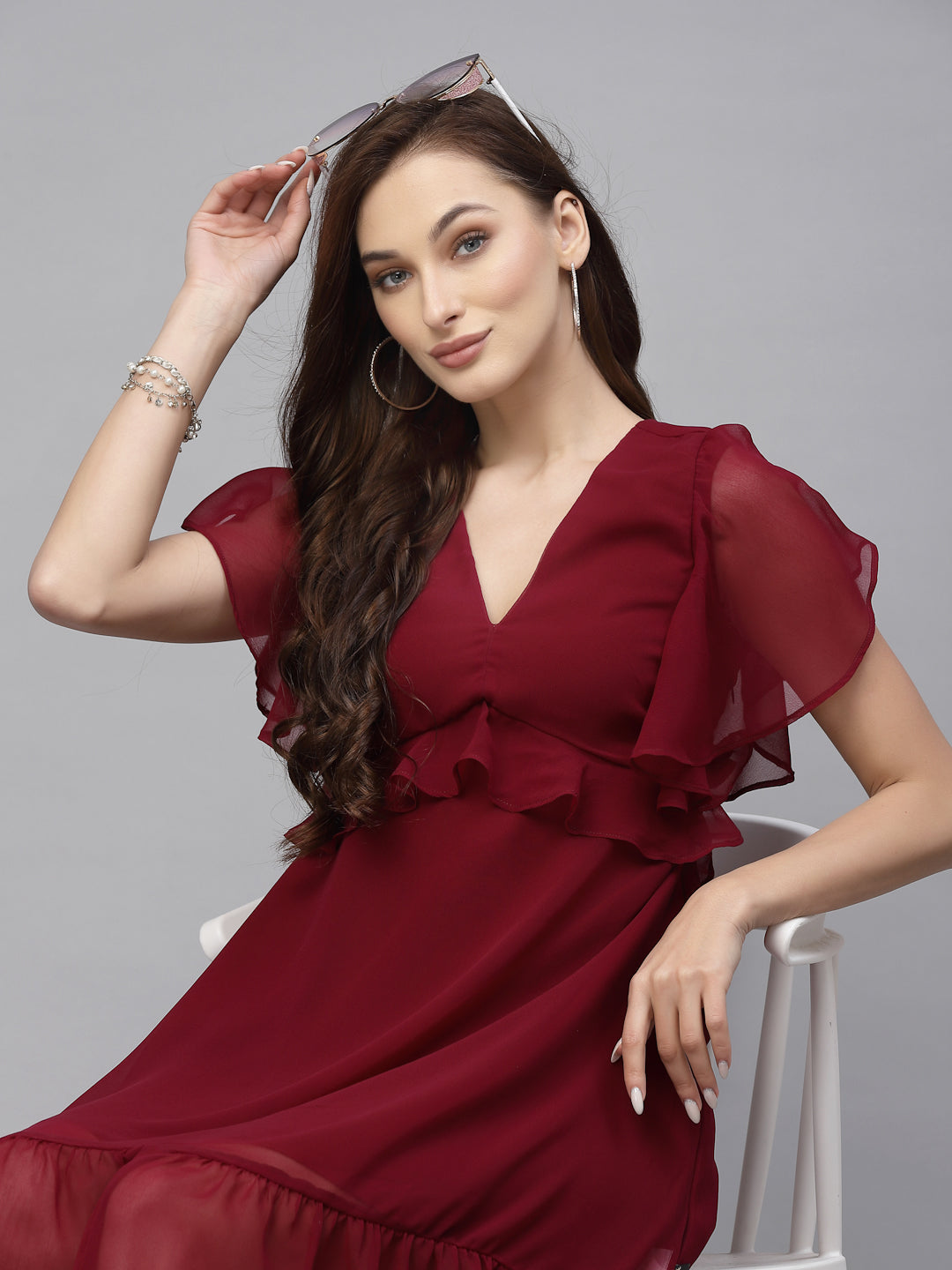Valbone Women’s Red Georgette Solid Print Dress
