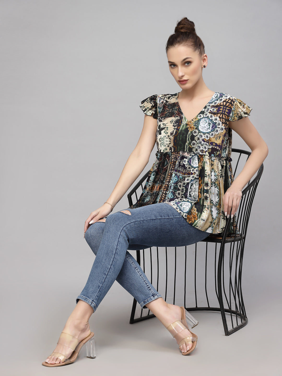 Valbone Women's Maroon Rayon Printed Top Short Sleeves
