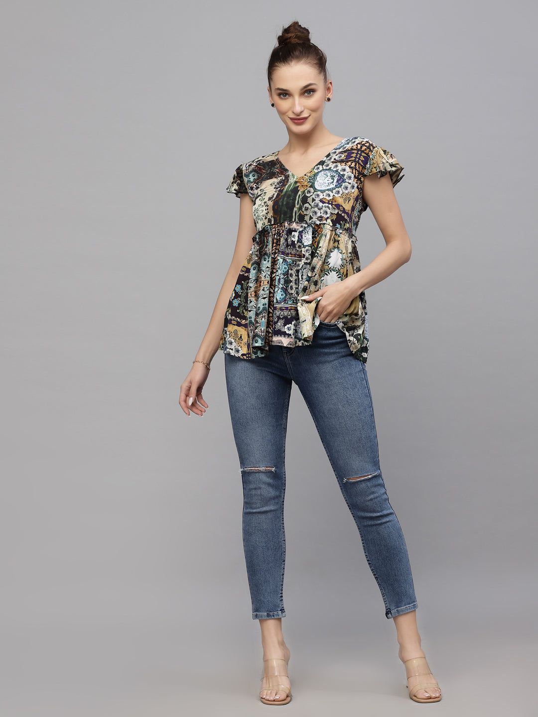 Valbone Women's Maroon Rayon Printed Top Short Sleeves