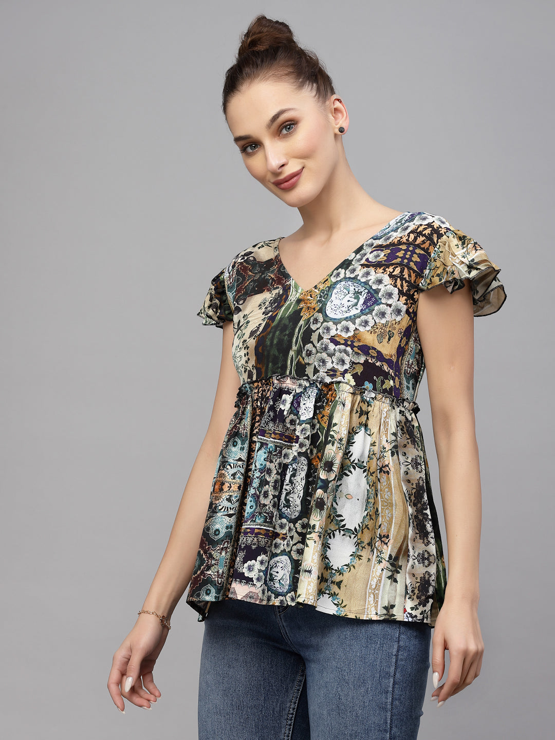 Valbone Women's Maroon Rayon Printed Top Short Sleeves