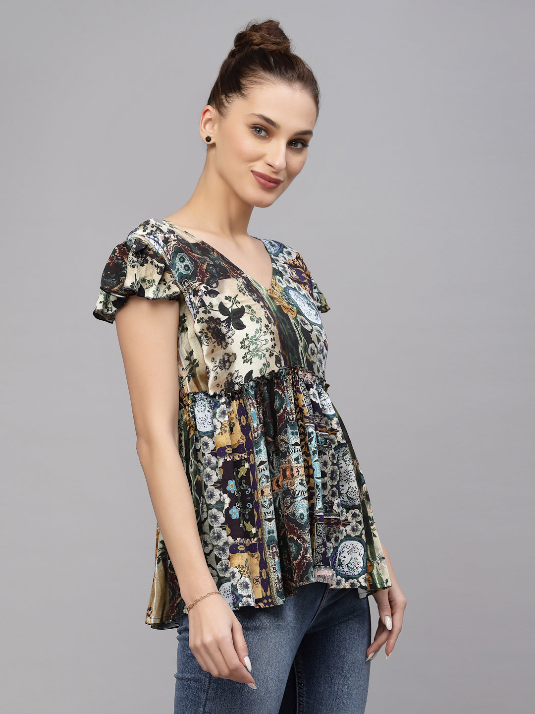 Valbone Women's Maroon Rayon Printed Top Short Sleeves