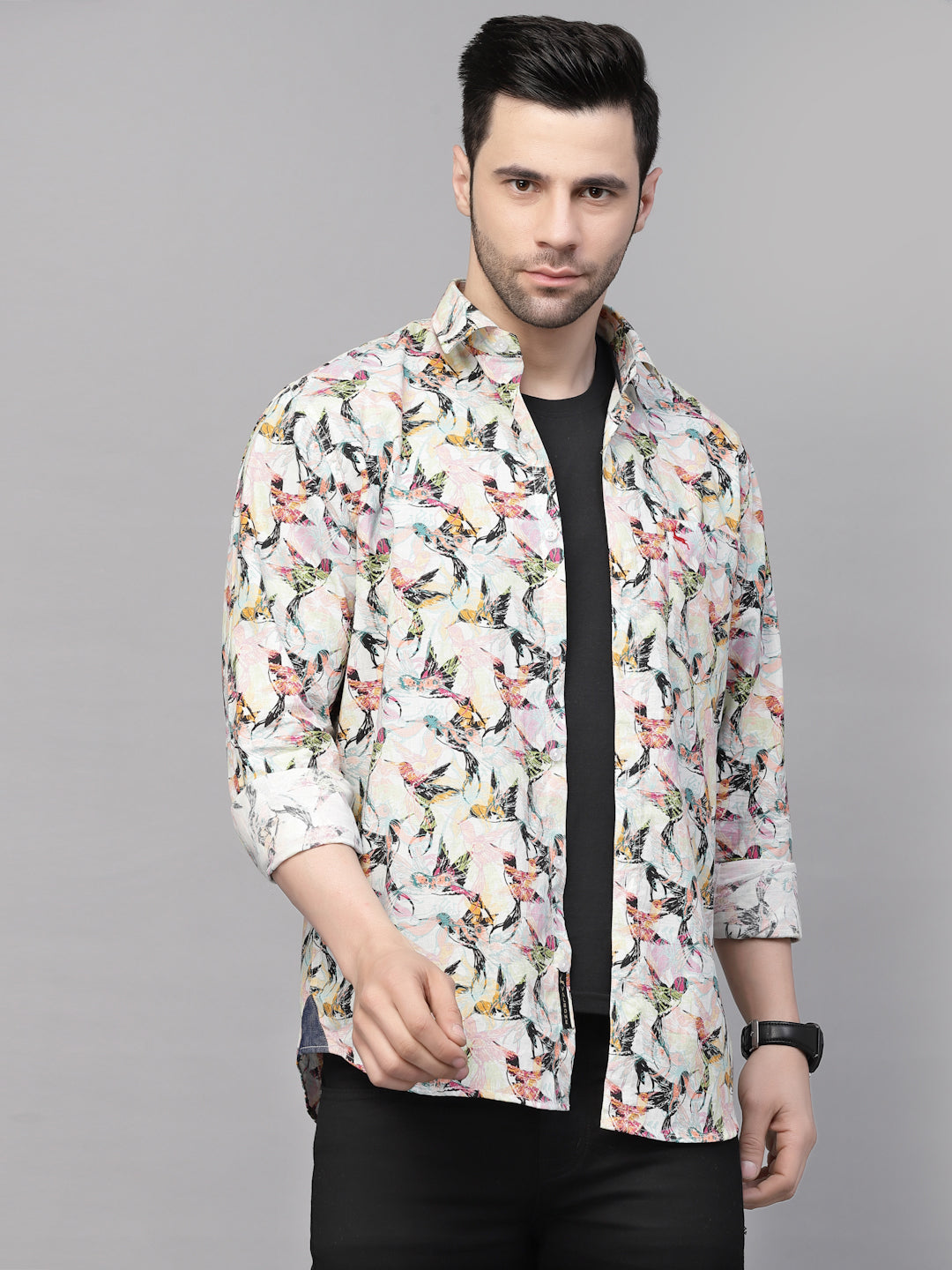 Valbone Men’s Digital Print Birds Printed Regular Fit Casual Shirt Full Sleeves