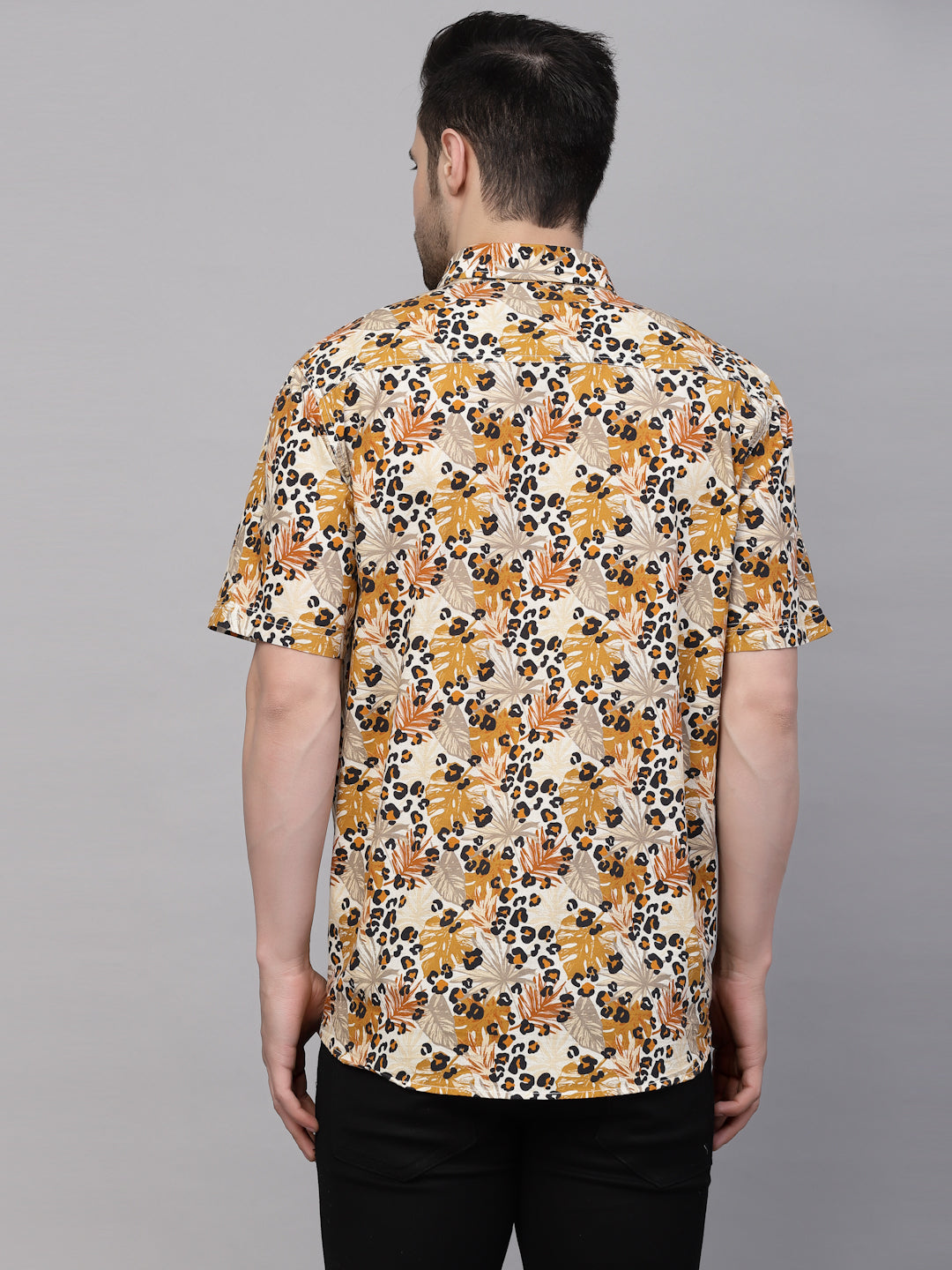 Valbone Men’s Yellow Digital Leaves Printed Regular Fit Casual Shirt Half Sleeves