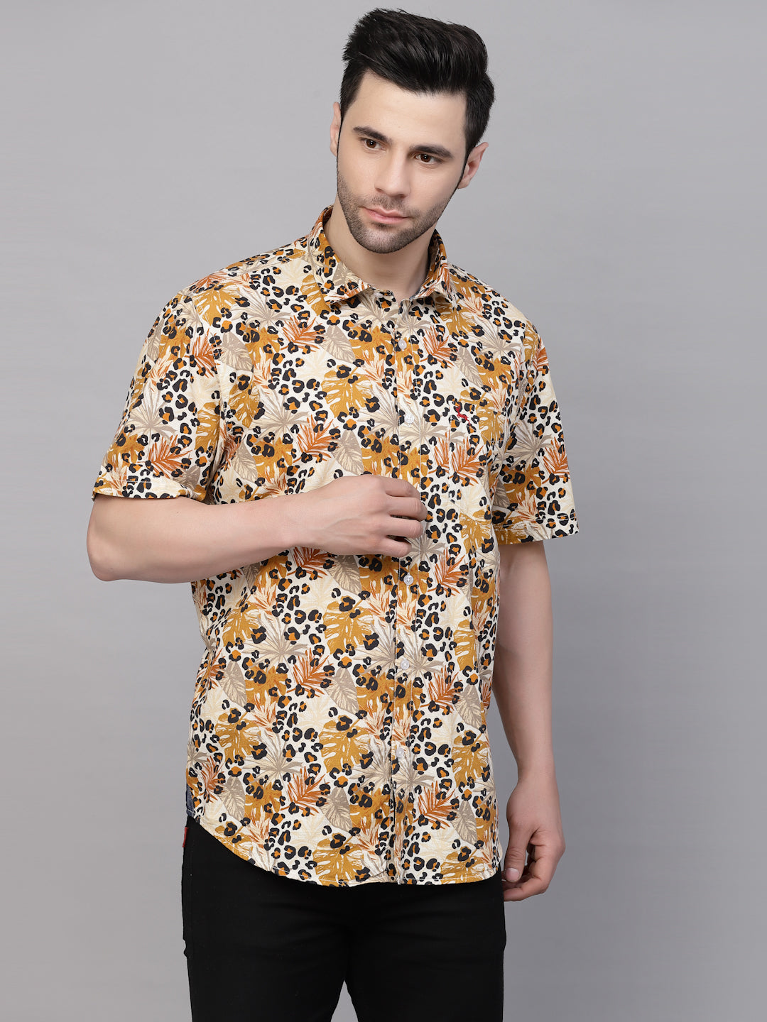 Valbone Men’s Yellow Digital Leaves Printed Regular Fit Casual Shirt Half Sleeves