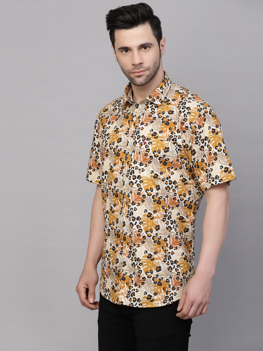 Valbone Men’s Yellow Digital Leaves Printed Regular Fit Casual Shirt Half Sleeves