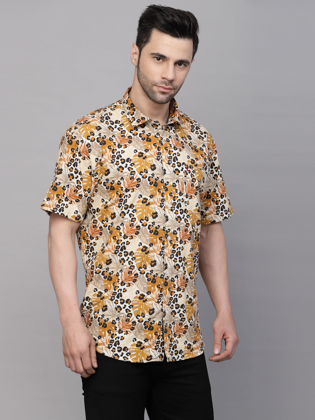 Valbone Men’s Yellow Digital Leaves Printed Regular Fit Casual Shirt Half Sleeves