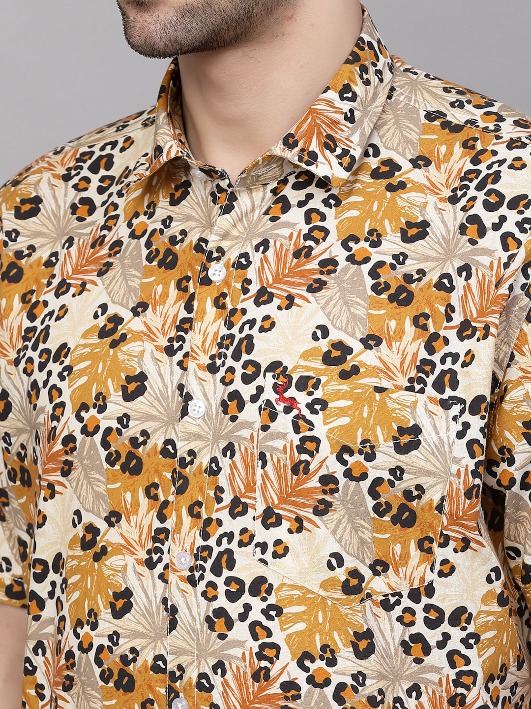 Valbone Men’s Yellow Digital Leaves Printed Regular Fit Casual Shirt Half Sleeves