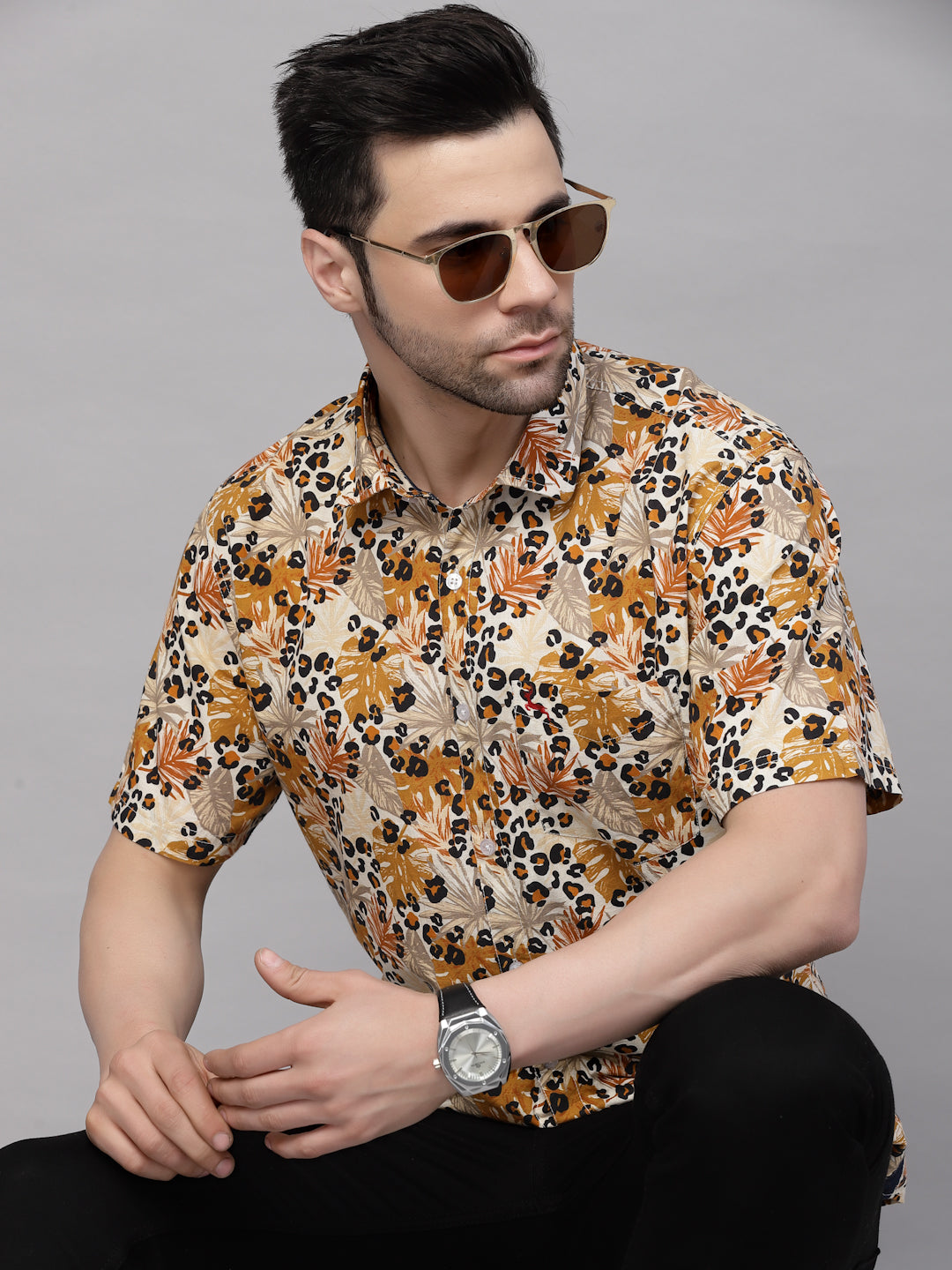 Valbone Men’s Yellow Digital Leaves Printed Regular Fit Casual Shirt Half Sleeves