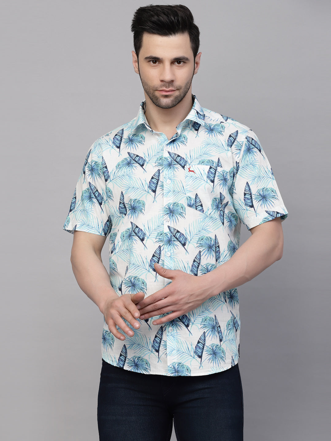 Valbone Men’s Sky Blue Digital Print Regular Fit Leaves Printed Casual Shirt Half Sleeves