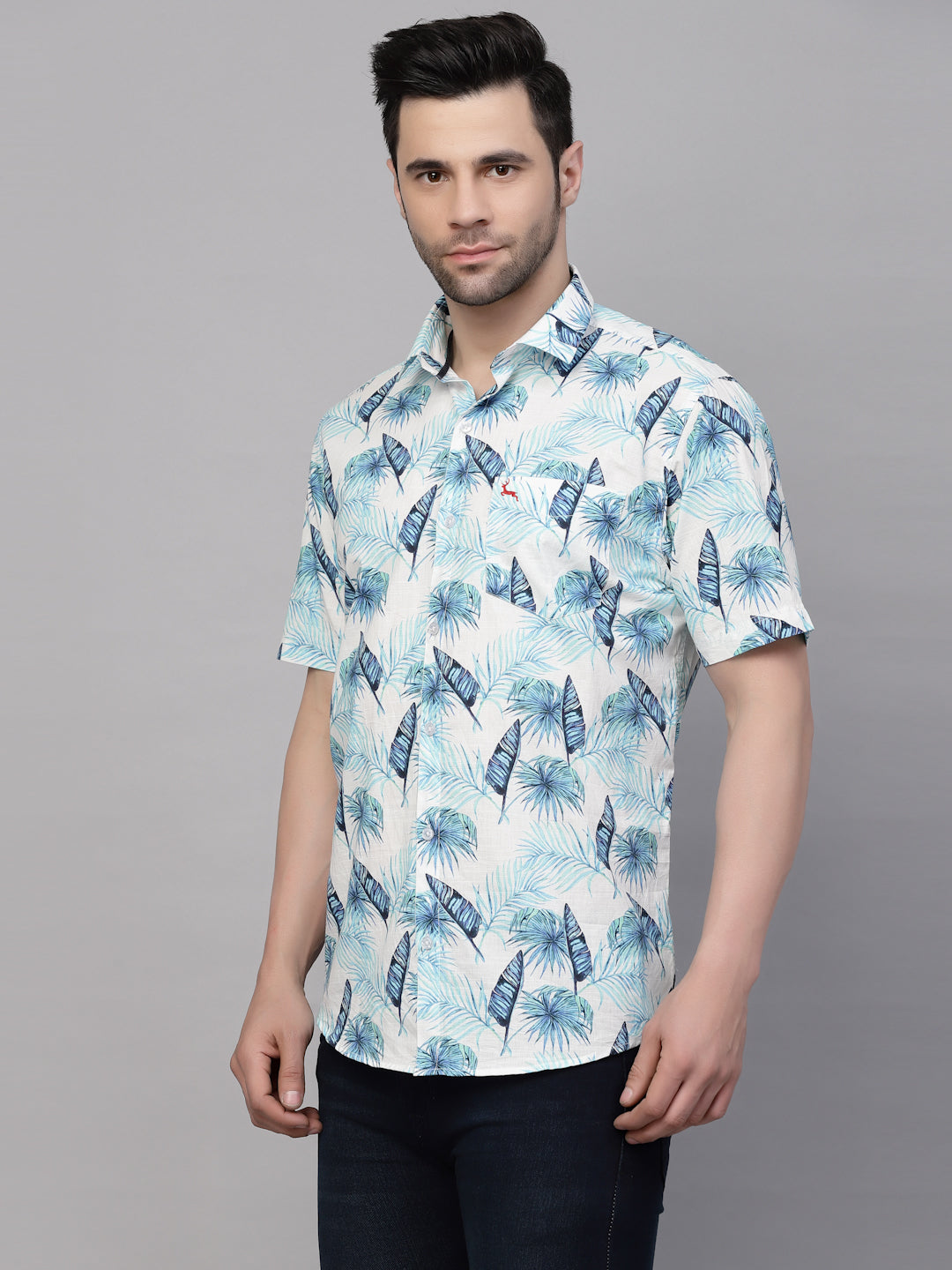 Valbone Men’s Sky Blue Digital Print Regular Fit Leaves Printed Casual Shirt Half Sleeves