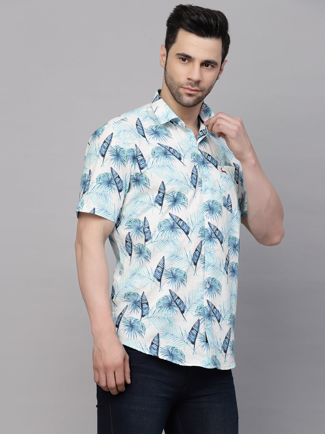 Valbone Men’s Sky Blue Digital Print Regular Fit Leaves Printed Casual Shirt Half Sleeves