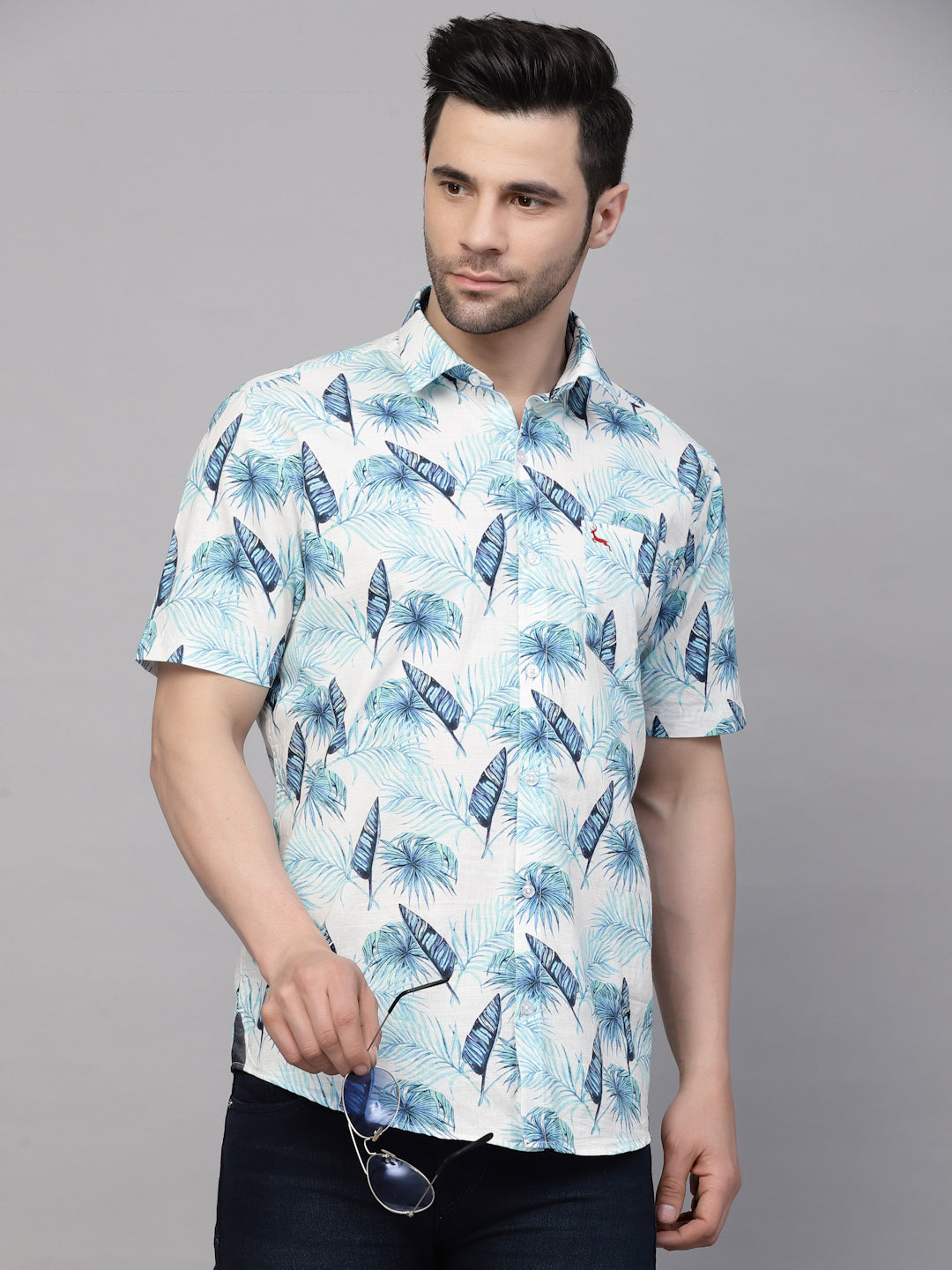 Valbone Men’s Sky Blue Digital Print Regular Fit Leaves Printed Casual Shirt Half Sleeves