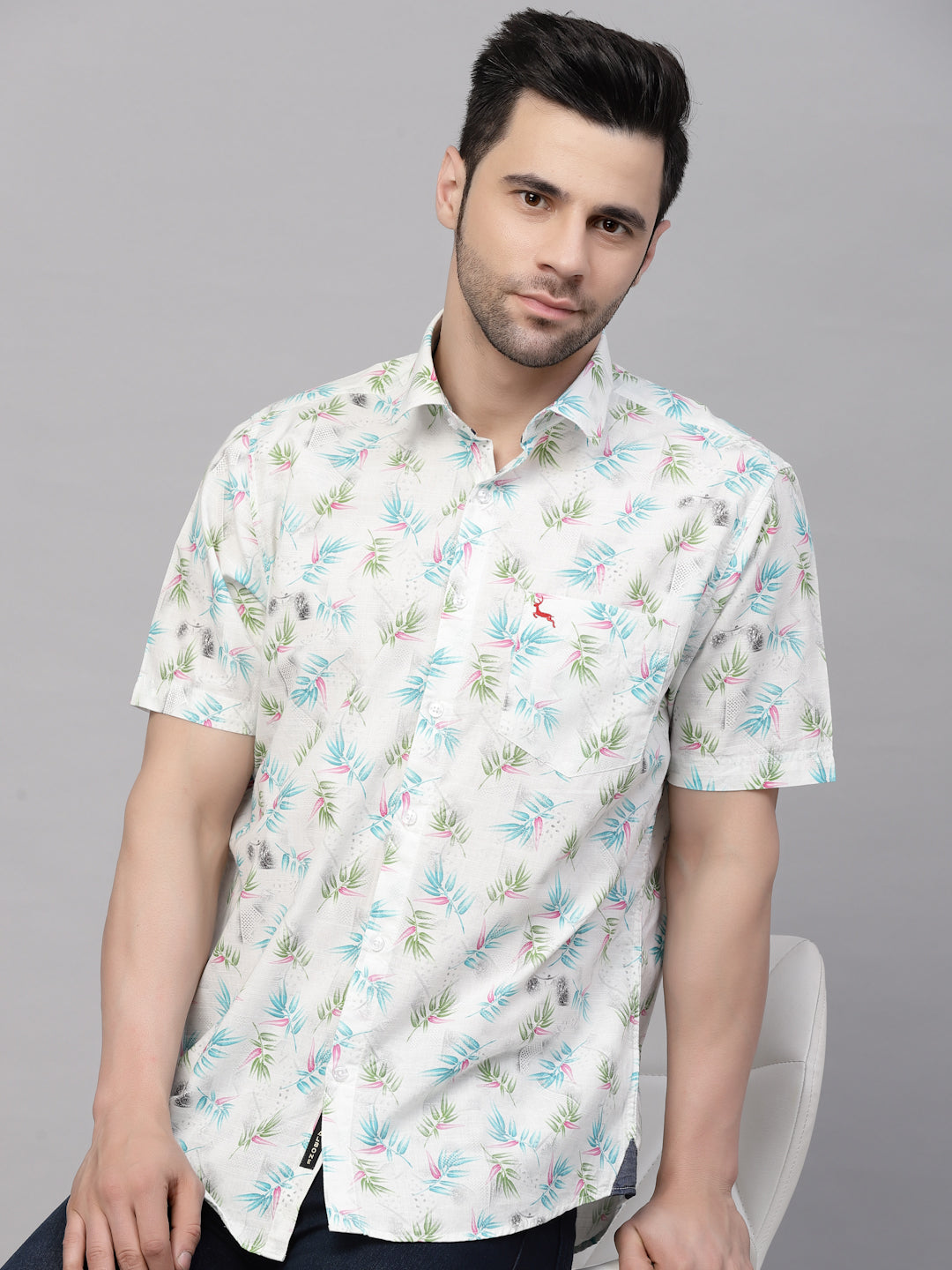 Valbone Men’s White & Blue Digital Leaves Printed Regular Fit Casual Shirt Half Sleeves