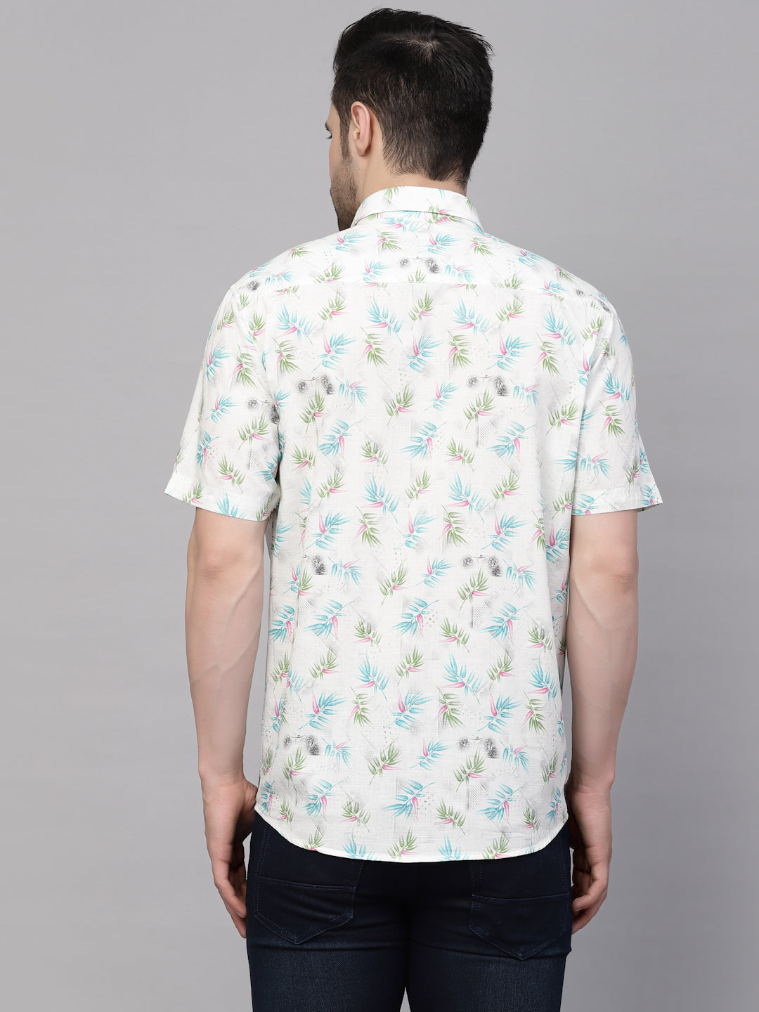 Valbone Men’s White & Blue Digital Leaves Printed Regular Fit Casual Shirt Half Sleeves