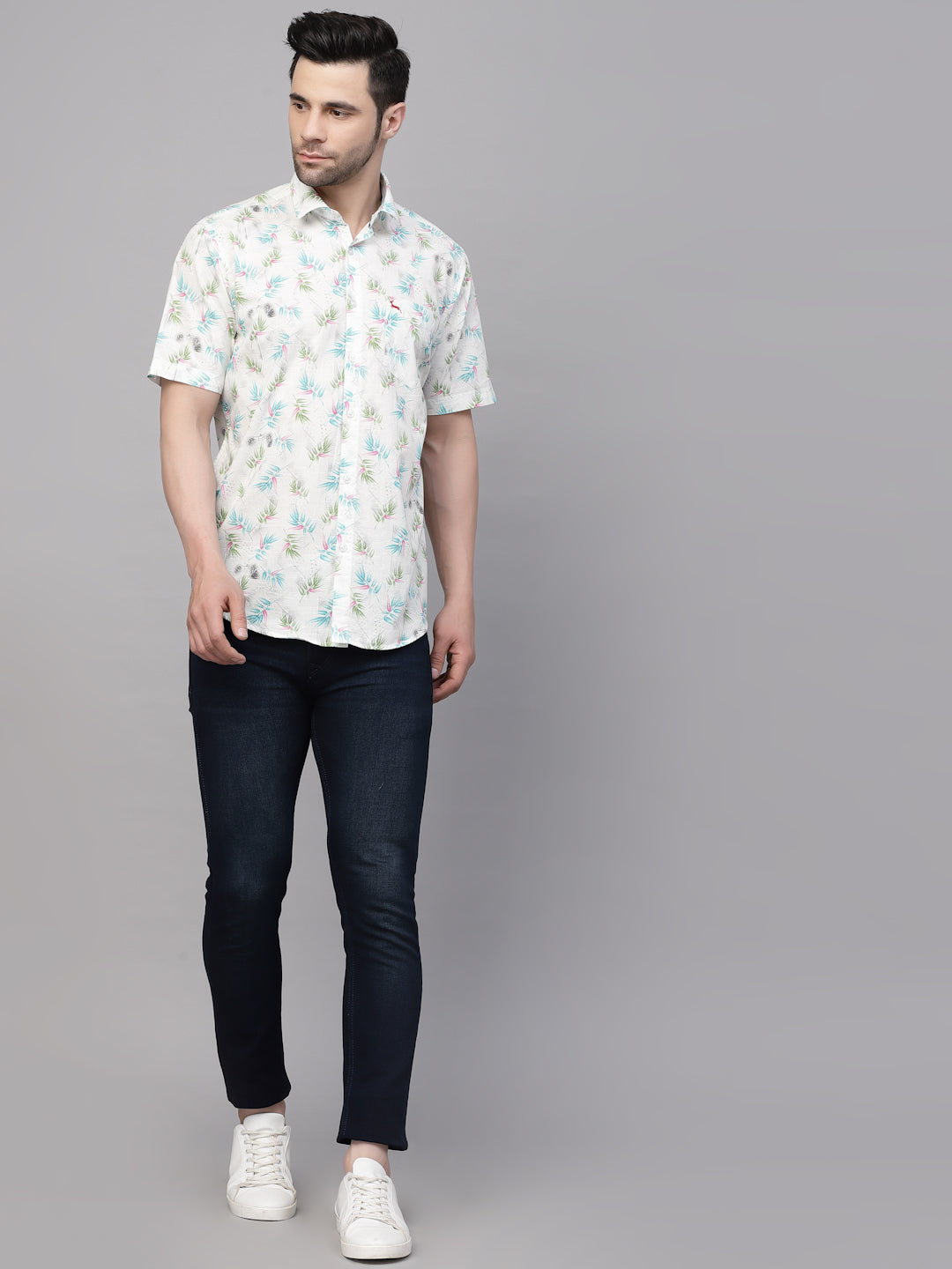 Valbone Men’s White & Blue Digital Leaves Printed Regular Fit Casual Shirt Half Sleeves