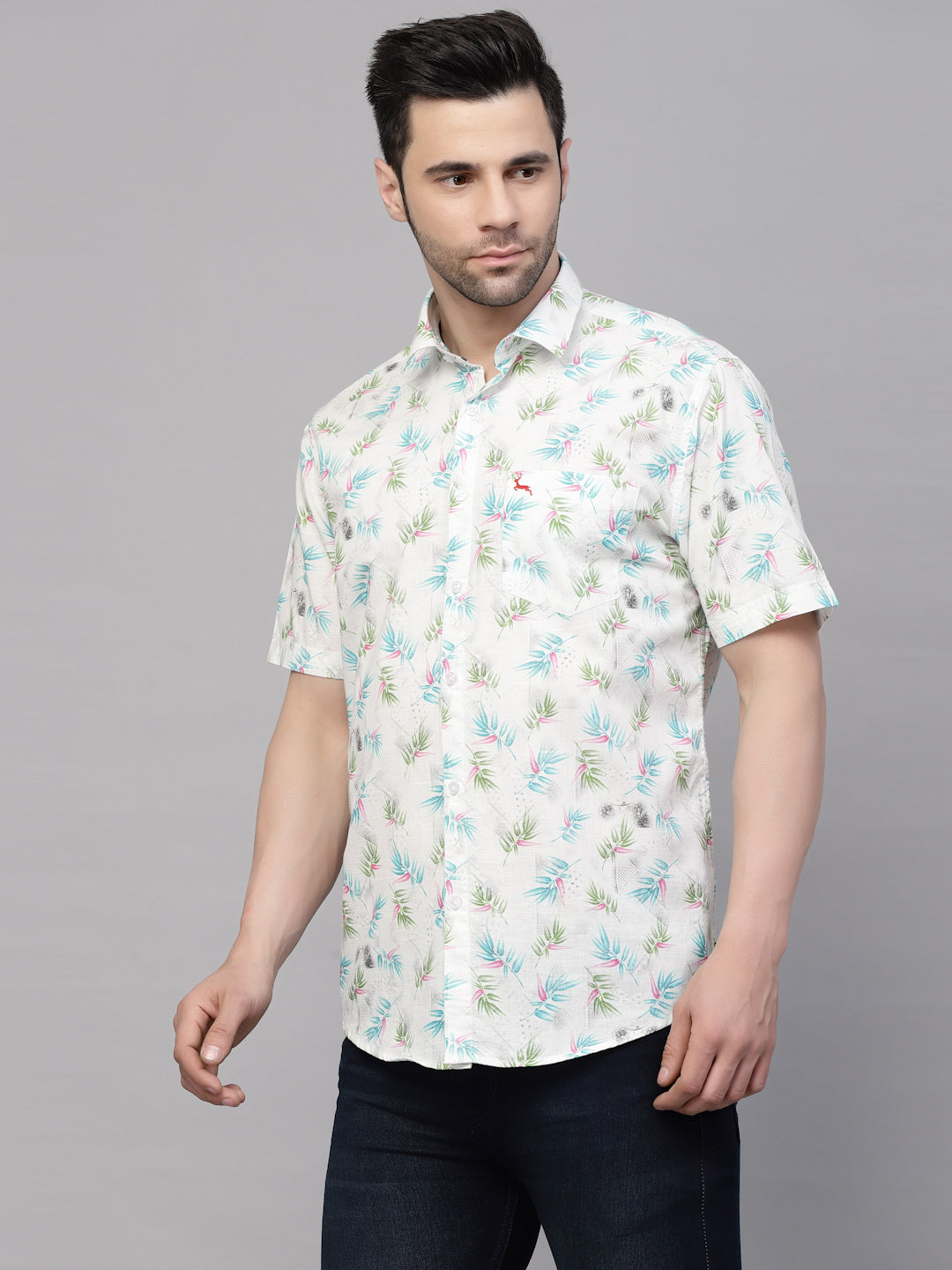 Valbone Men’s White & Blue Digital Leaves Printed Regular Fit Casual Shirt Half Sleeves