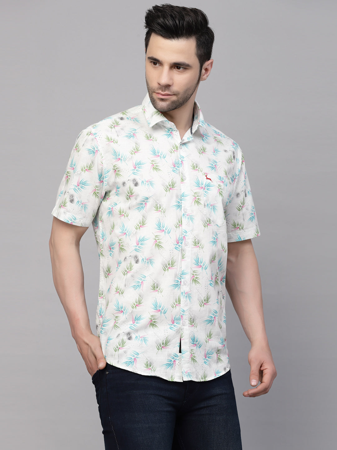 Valbone Men’s White & Blue Digital Leaves Printed Regular Fit Casual Shirt Half Sleeves
