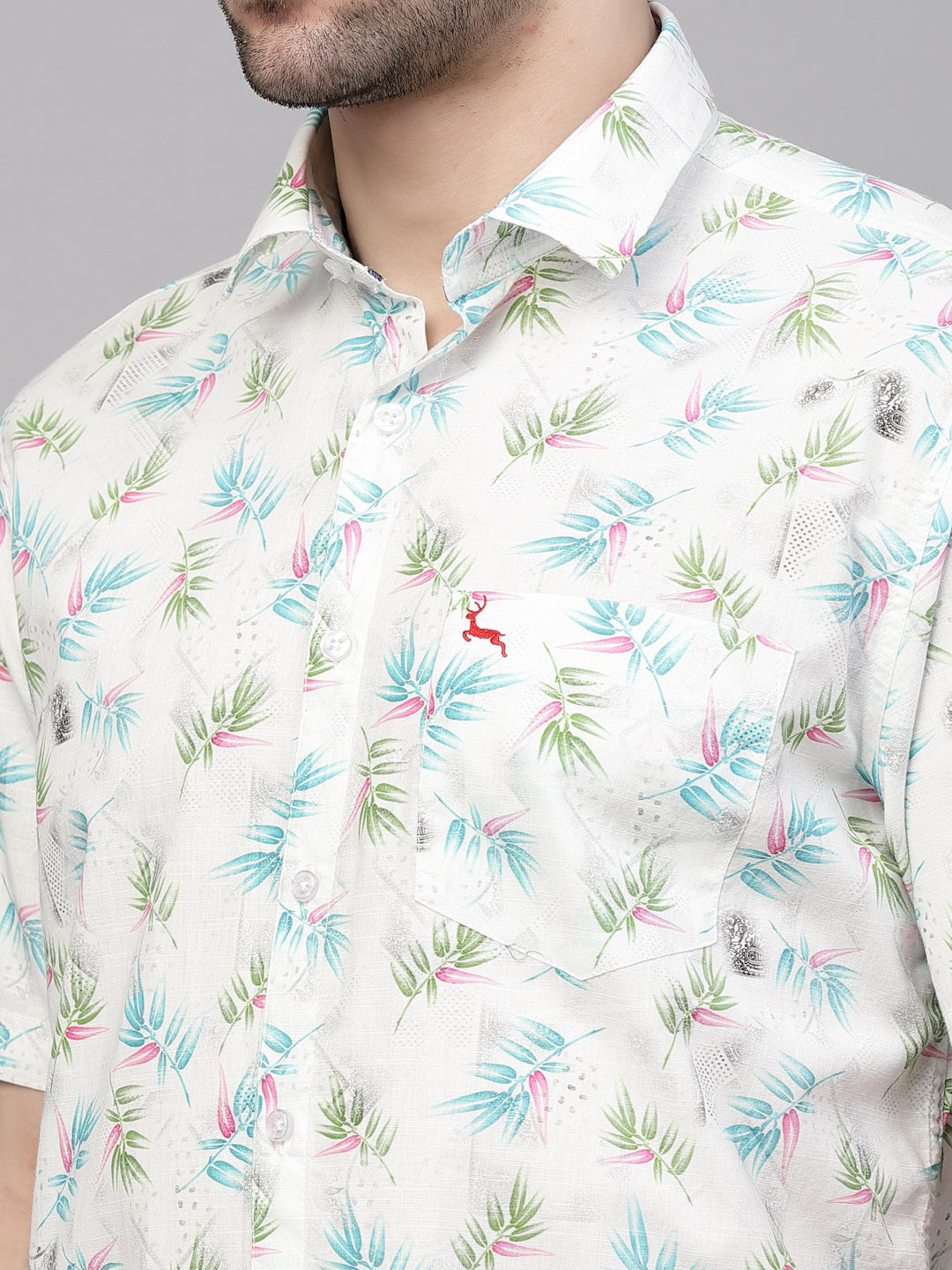 Valbone Men’s White & Blue Digital Leaves Printed Regular Fit Casual Shirt Half Sleeves