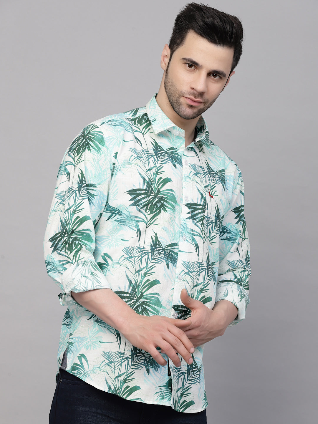Valbone Men’s Digital Print Green Leafs Printed Regular Fit Casual Shirt Full Sleeves