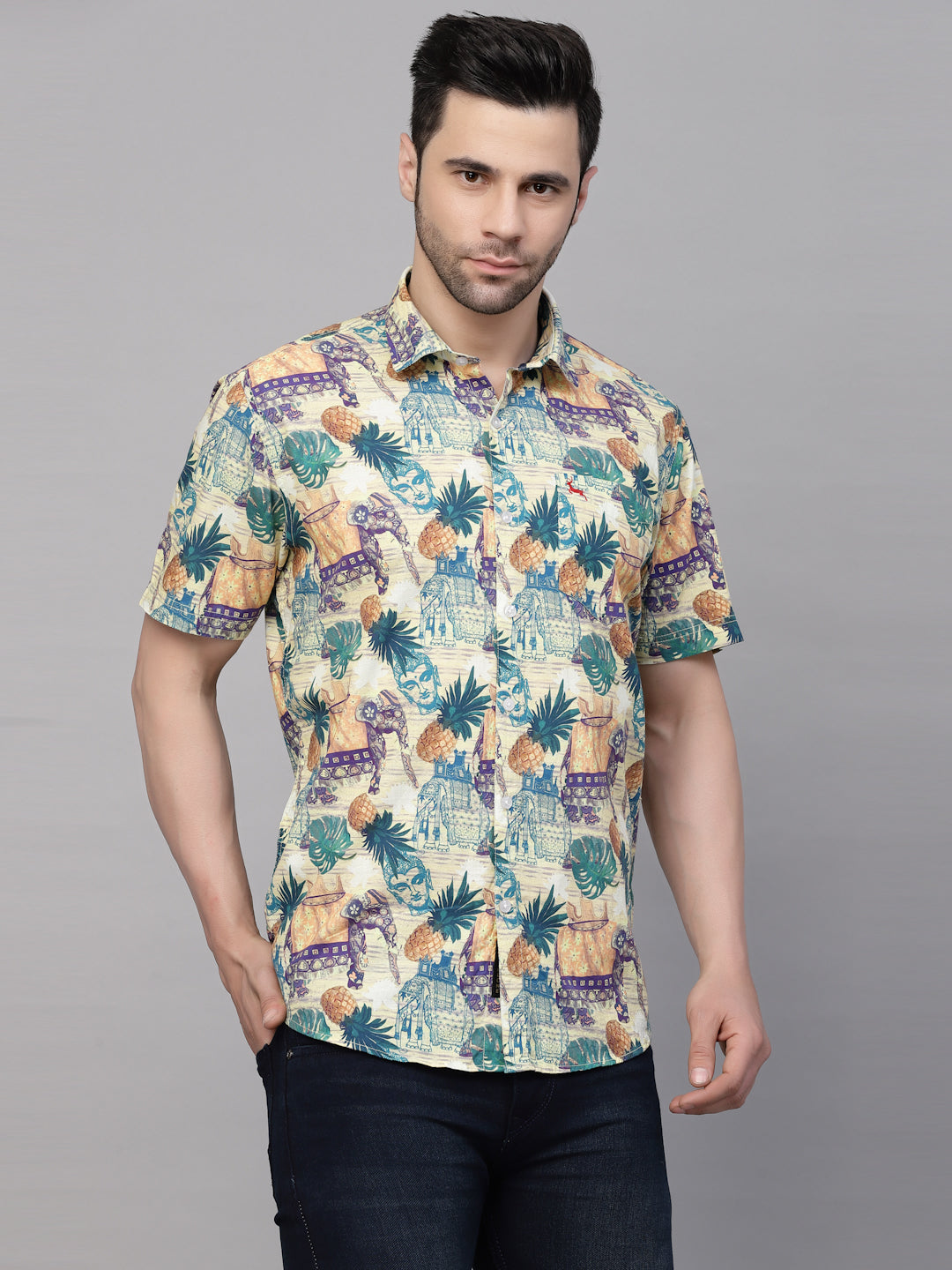 Valbone Men’s Digital Print Green Regular Fit Casual Shirt Half Sleeves