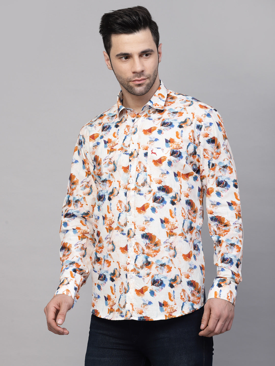 Valbone Men’s Digital Print Regular Fit Casual Blue & Orange Printed Shirt Full Sleeves