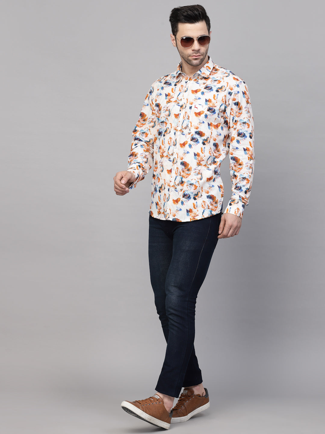 Valbone Men’s Digital Print Regular Fit Casual Blue & Orange Printed Shirt Full Sleeves