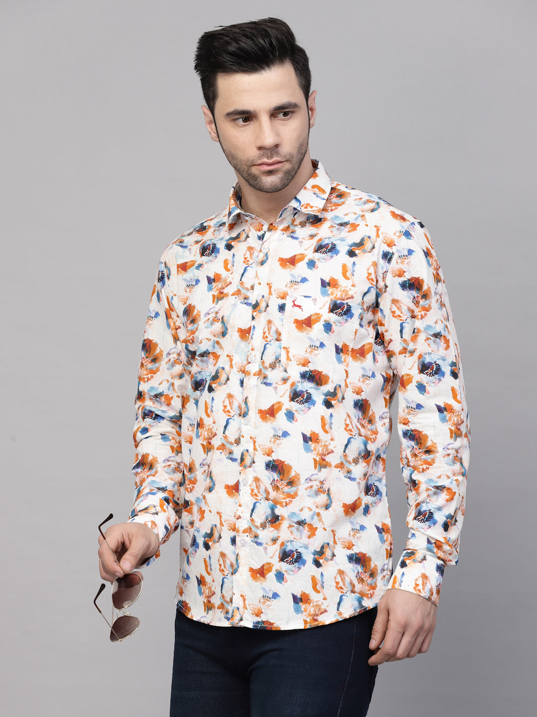 Valbone Men’s Digital Print Regular Fit Casual Blue & Orange Printed Shirt Full Sleeves