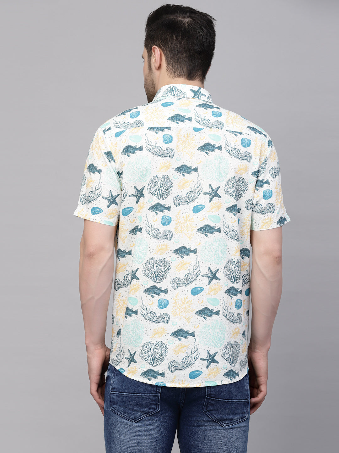 Valbone Men’s Light Blue Digital Sea Animals Printed Regular Fit Casual Shirt Half Sleeves