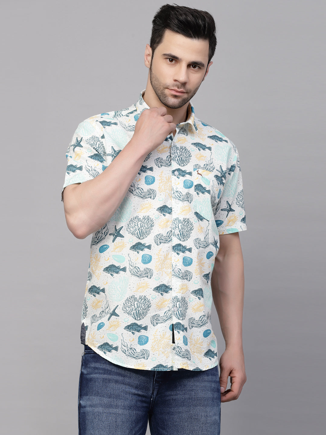 Valbone Men’s Light Blue Digital Sea Animals Printed Regular Fit Casual Shirt Half Sleeves