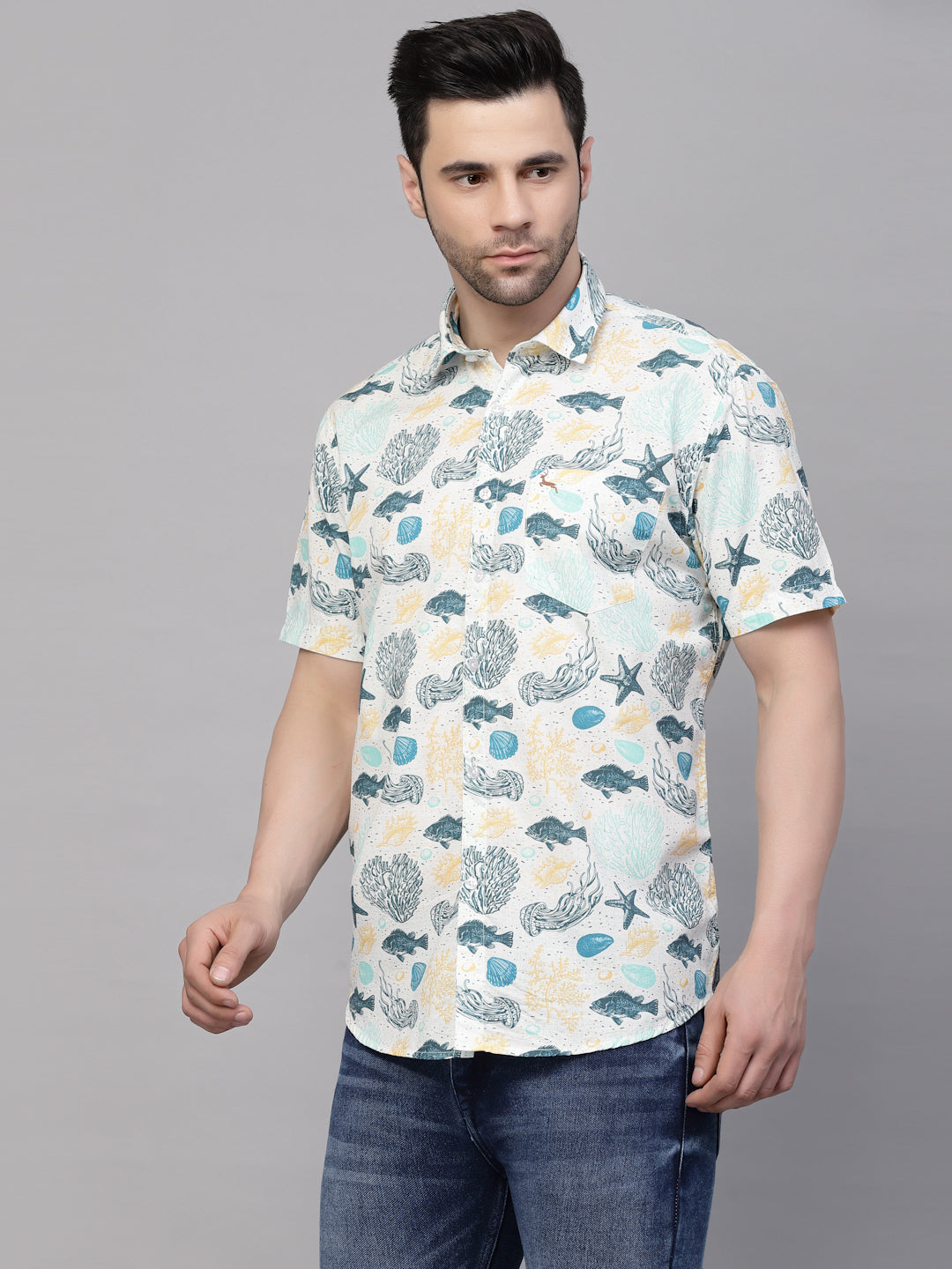 Valbone Men’s Light Blue Digital Sea Animals Printed Regular Fit Casual Shirt Half Sleeves