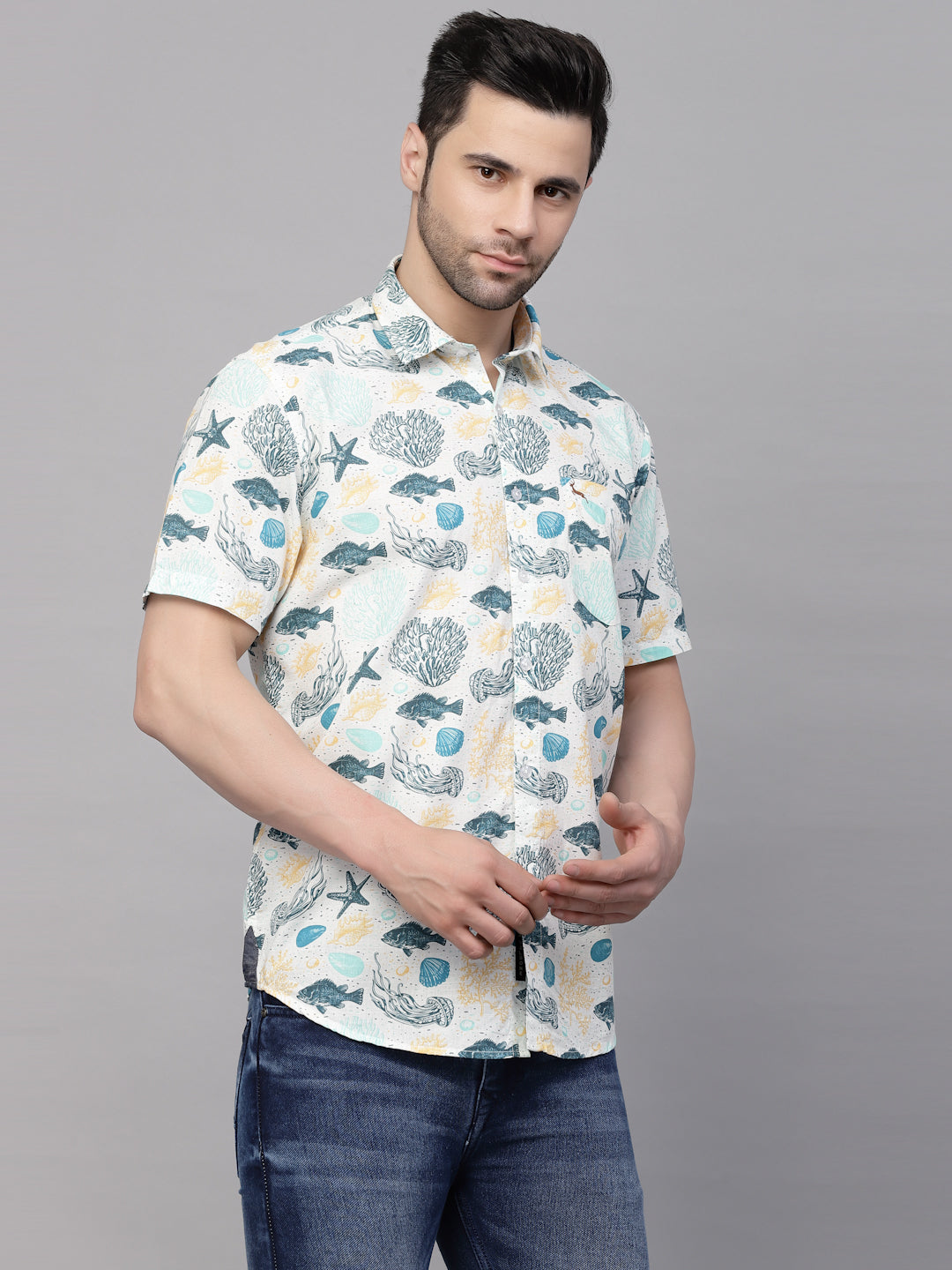 Valbone Men’s Light Blue Digital Sea Animals Printed Regular Fit Casual Shirt Half Sleeves