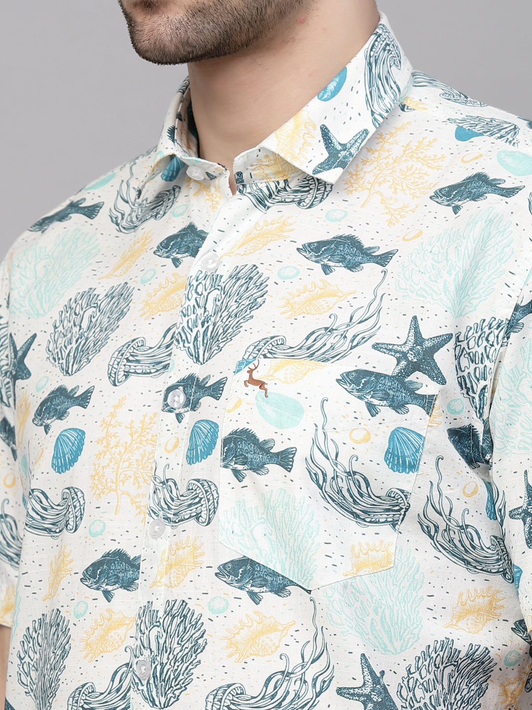 Valbone Men’s Light Blue Digital Sea Animals Printed Regular Fit Casual Shirt Half Sleeves