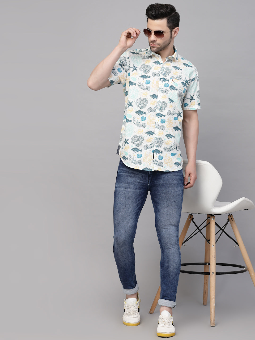 Valbone Men’s Light Blue Digital Sea Animals Printed Regular Fit Casual Shirt Half Sleeves